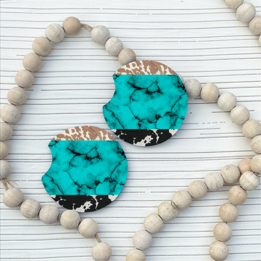 Turquoise & Cowhide Car Coaster Set